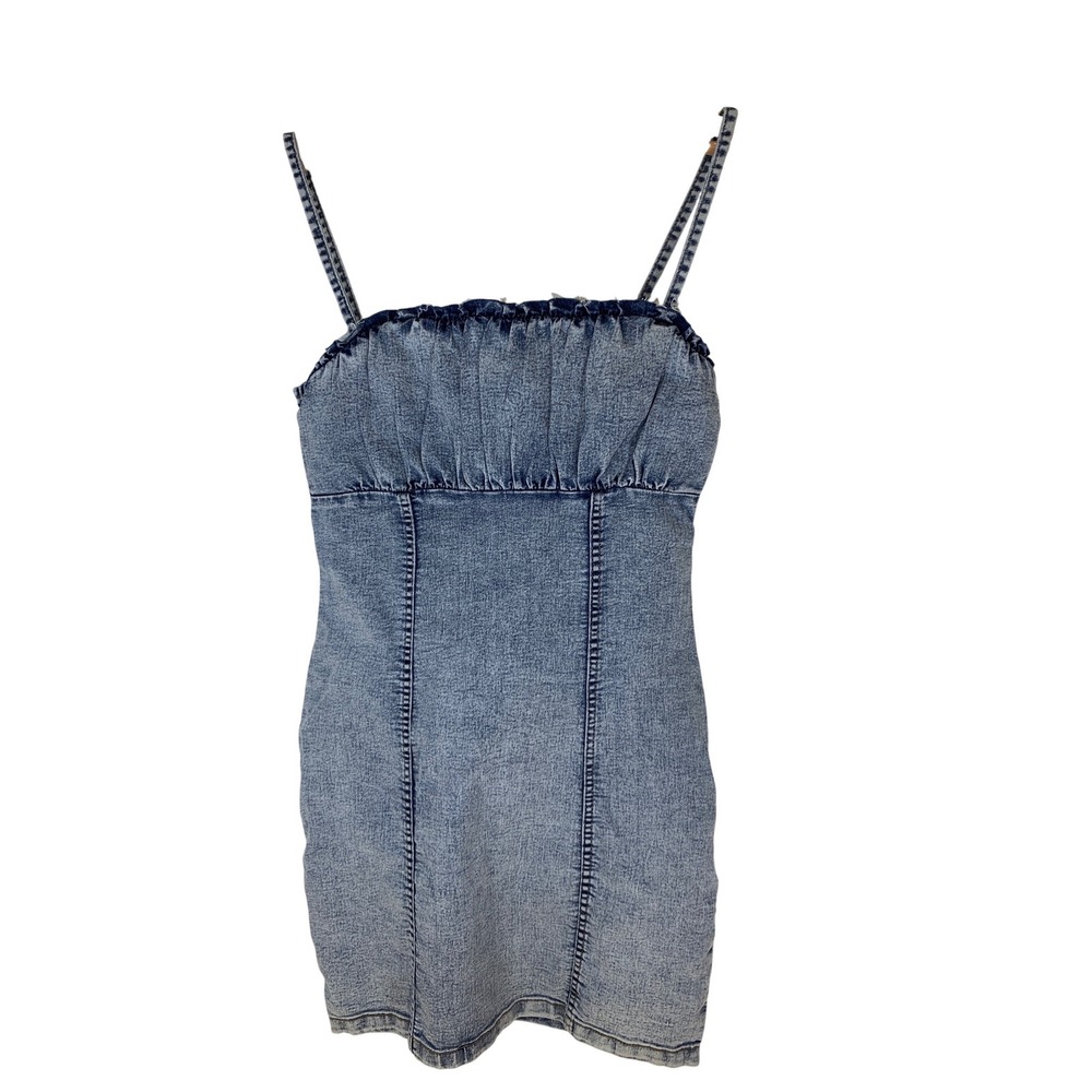 H&M Divided Denim Mini Dress M Cotton Y2K 90s Grunge Acid Wash country rodeo